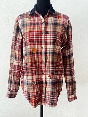 90s Flannel Shirt Embroidered Autumn Women’s S Corduroy Collar Cabincore Cottage